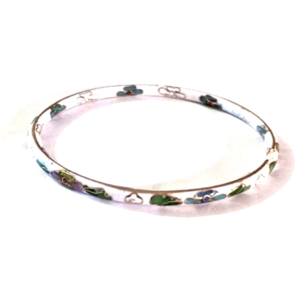 Vintage Chinese Cloisonne White Floral Bangle Bracelet 4mm 2.6 inches